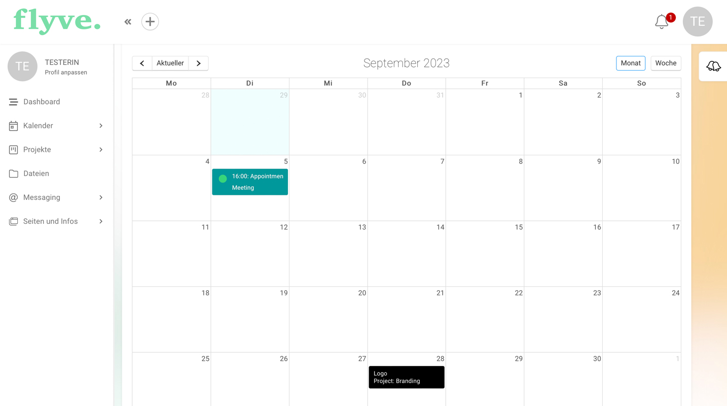 Kalender Flyve Studio Clientportal Kundenportal